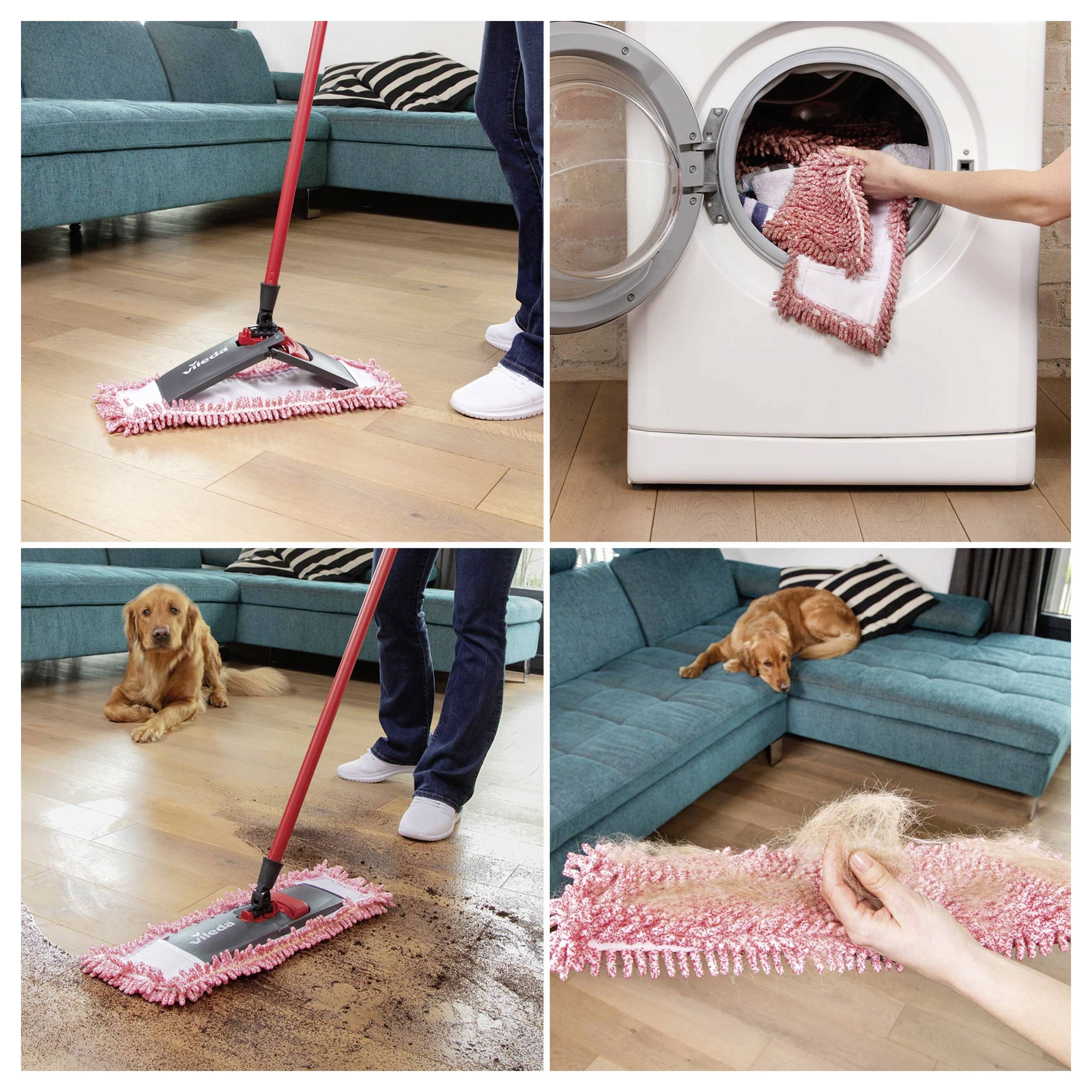 Four-panel ad for a mop: cleans wood floor, tosses dirty pad into washing machine, removes pet hair and dirt, then shows a fluffy pink pad being held.