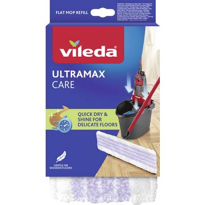 Vileda Ultramax Care flat mop refill packaging, showing a mop head for quick-dry, shine-for-delicate-floors and gentle-on-wooden-floors use.