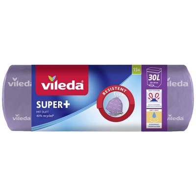 Vileda Super+ Scented Plastic Bin Bags with 40% Recycled Content. Pack contains 15 bags with easy-close design, 30 litre capacity.