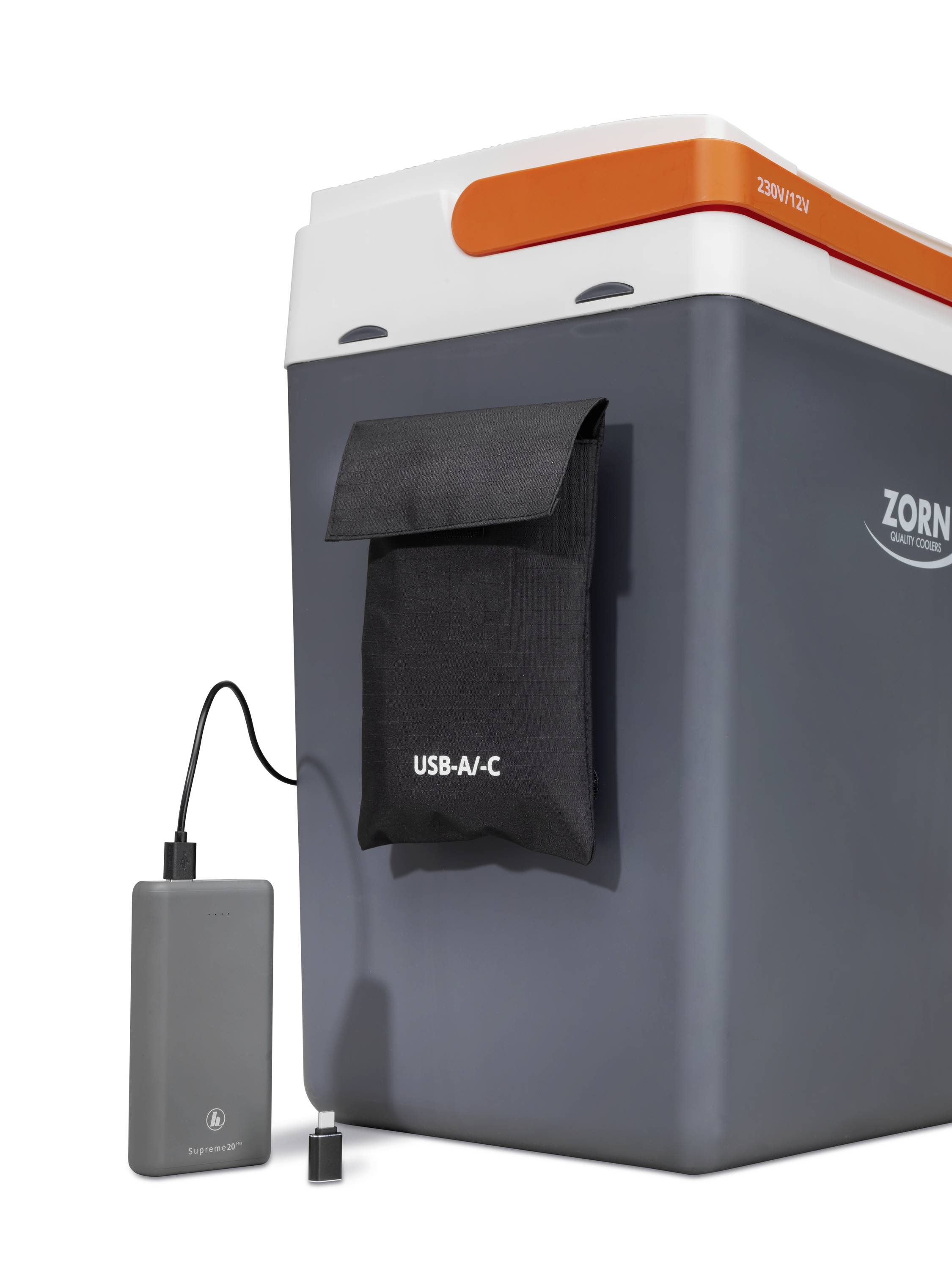 Portable cool box in grey with an orange lid, featuring a USB port and battery bank mounted on the side.