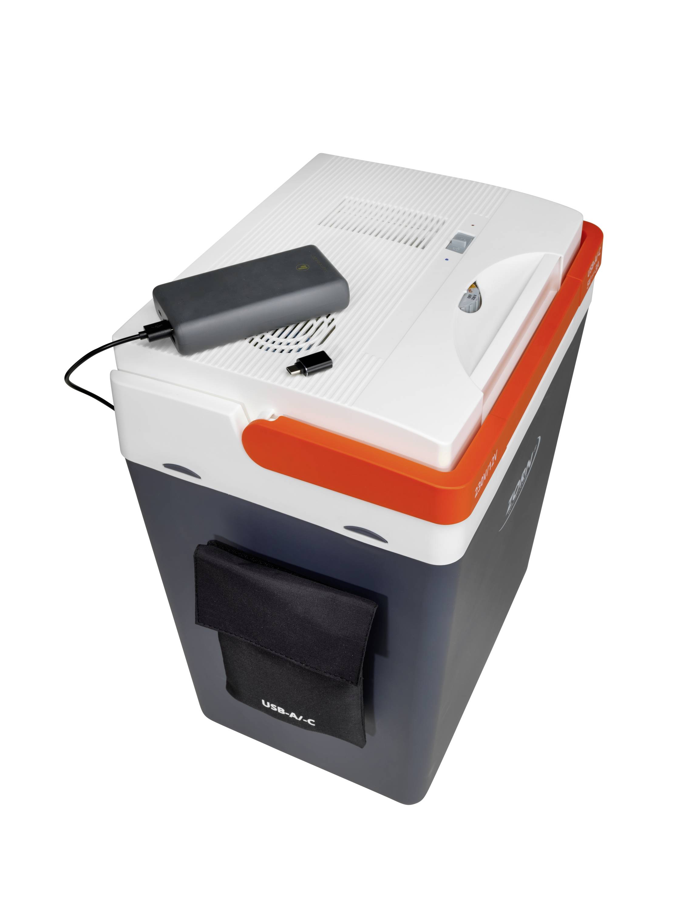 'Portable fridge with a closed lid, with a battery inserted on top. Front side featuring a small pocket for storage.'