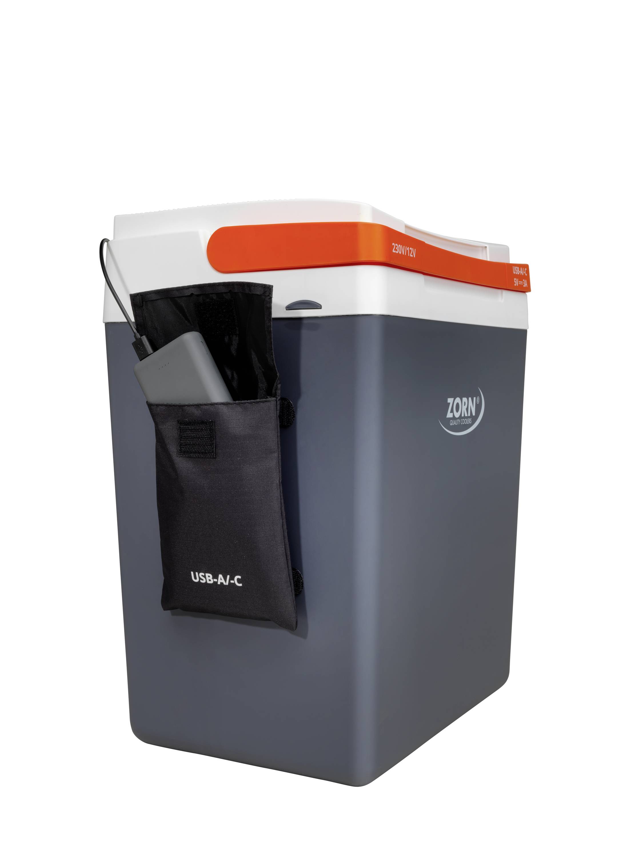 A portable cool box with a USB port on the side. It is designed in grey and white with a red stripe and features a front bag.