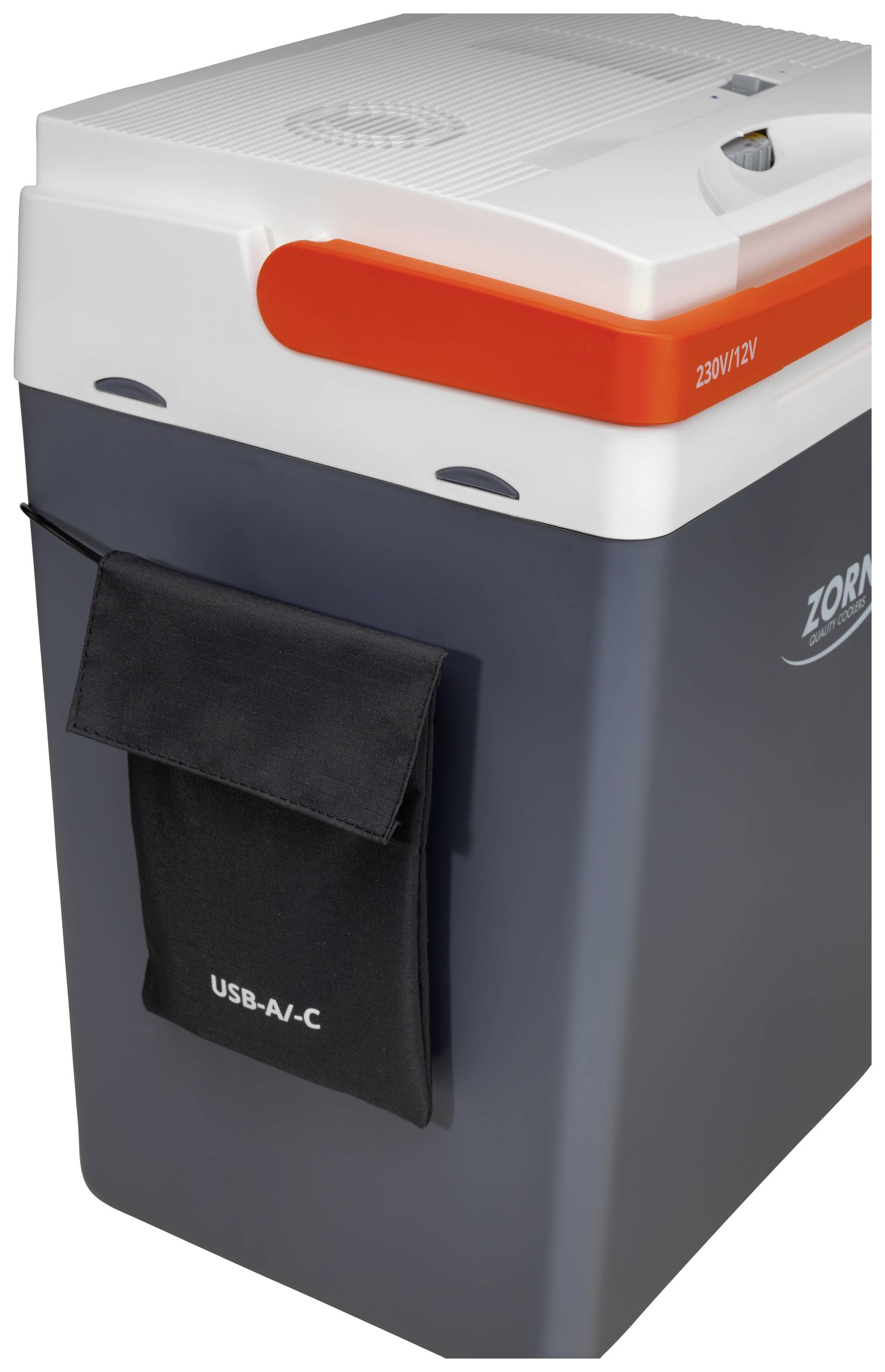 Cool box with a white lid, orange handle, and black bag with USB port openings on the side.