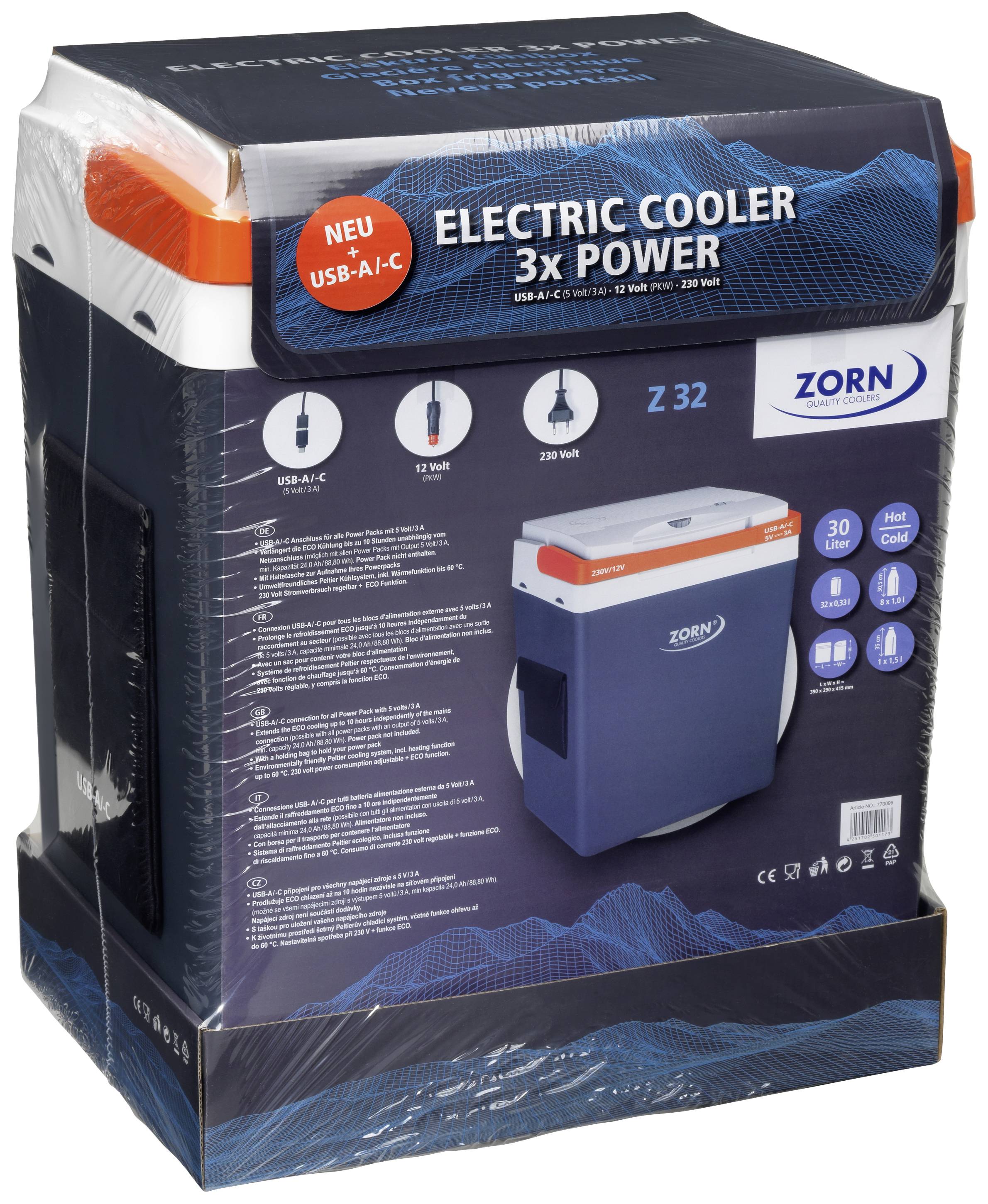 'Electric Cool Box ZORN Z32 with USB A/C, 12/230V, 30L. Blue with orange lid. Keeps food and drinks cool or warm.'