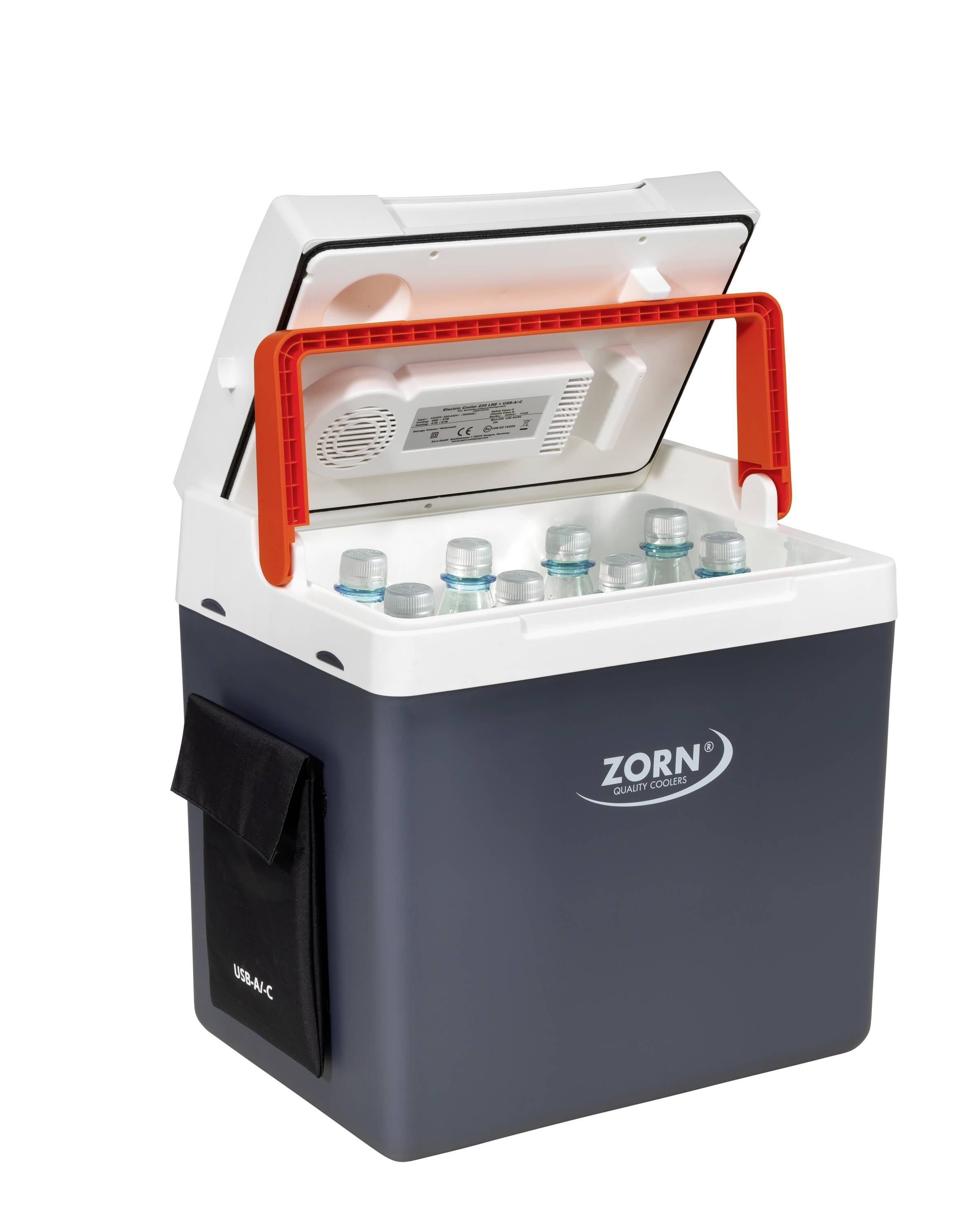 An open cool box with the 'Zorn' logo, filled with water bottles.