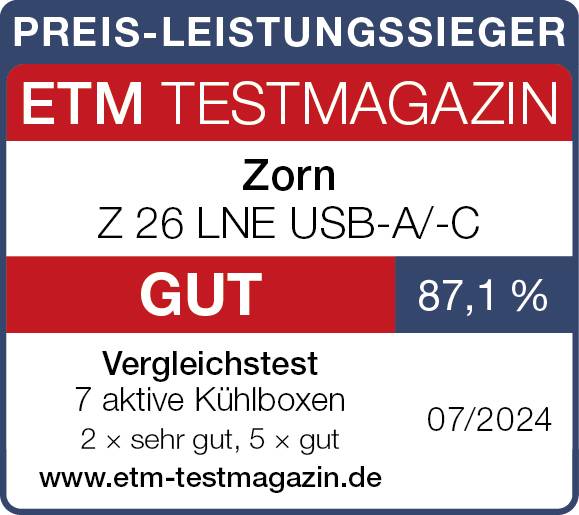 'Best Value' Label from ETM Test Magazine for Zorn Z 26 LNE USB-A-C Cool Box, rated 'Good' with 87.1% in July 2024.
