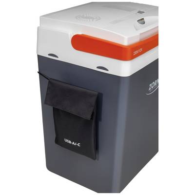 Portable cool box with a white lid, red handle, and black USB pouch on the side.