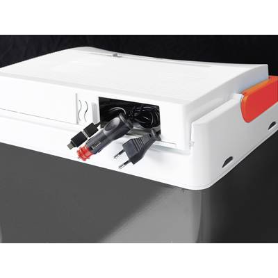 A white mobile refrigerator shows open storage with visible power cables and plugs.