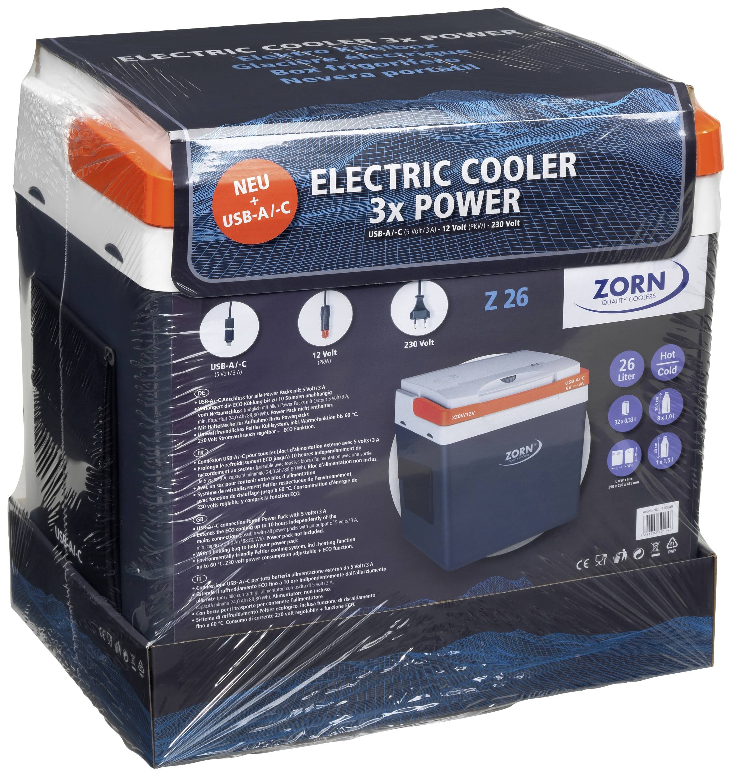 Cool Box 'Zorn Z26', 26 litres, with USB-A and C ports, 12V/230V, blue packaging with product illustration and technical specifications.