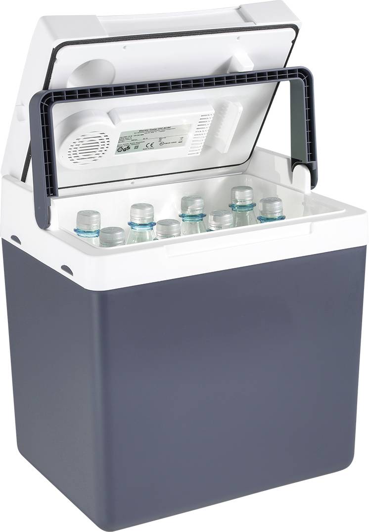 An opened cool box with several water bottles inside. The box has a blue body and a white lid with a handle.