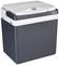 Cool box in dark grey and white with a lid on top. It has a carrying handle and is portable, suitable for cooling food.