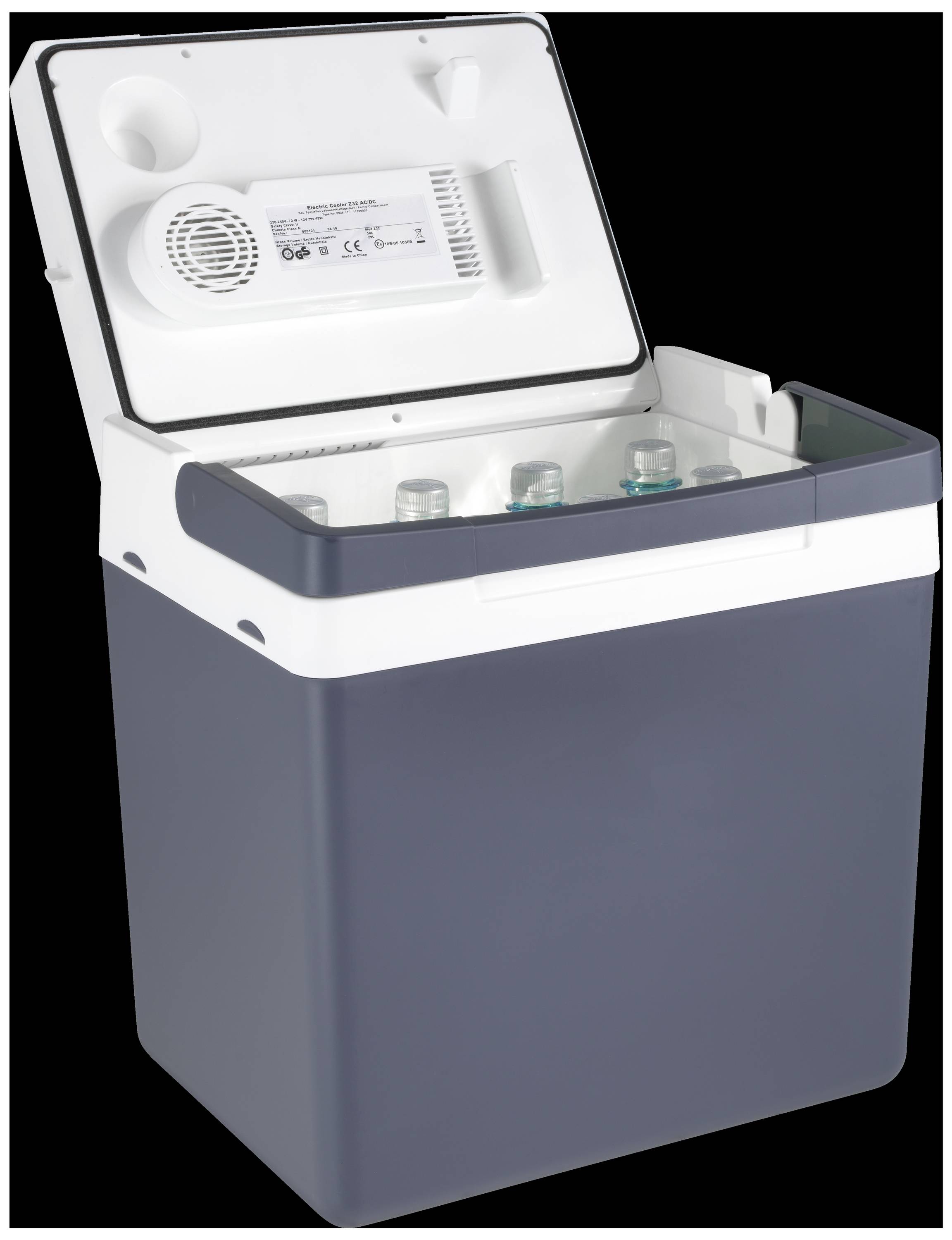 Large dark blue cool box with an open lid, several bottles visible inside.