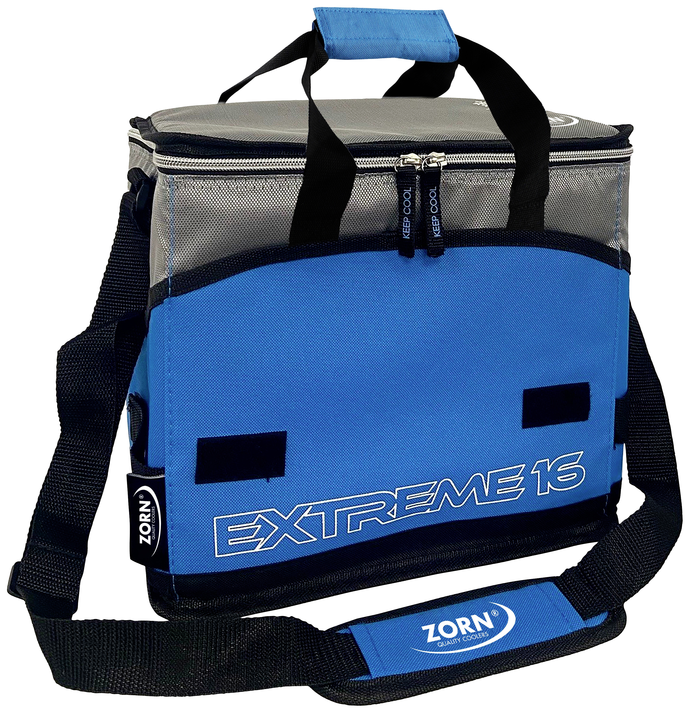 Cool box made of blue and grey material with carry handle and shoulder strap, with 'Extreme 16' printed on it and 'Zorn' logo on the strap.