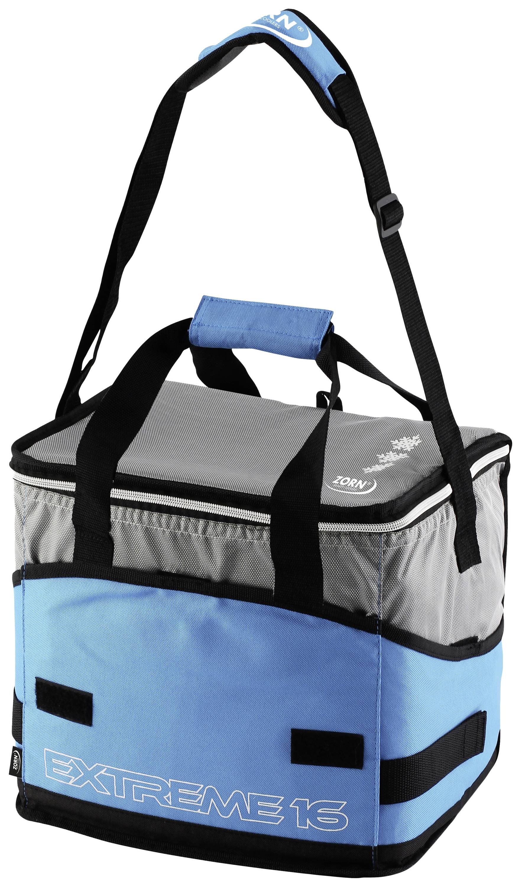 Cool bag 'Extreme 16' in Blue and Grey, with black shoulder strap and handles. Perfect for transporting food.