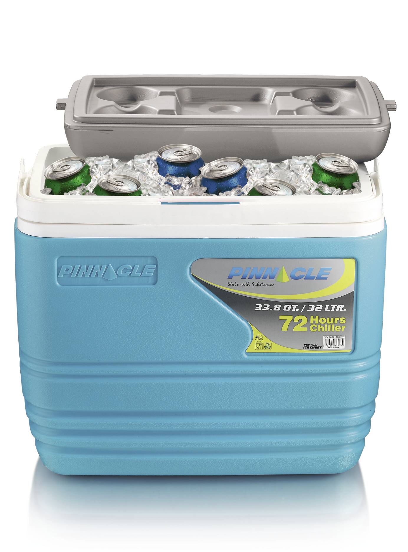Cool box with an open lid, filled with ice and various drink cans. Brand name 'Pinnacle' and capacity indication.