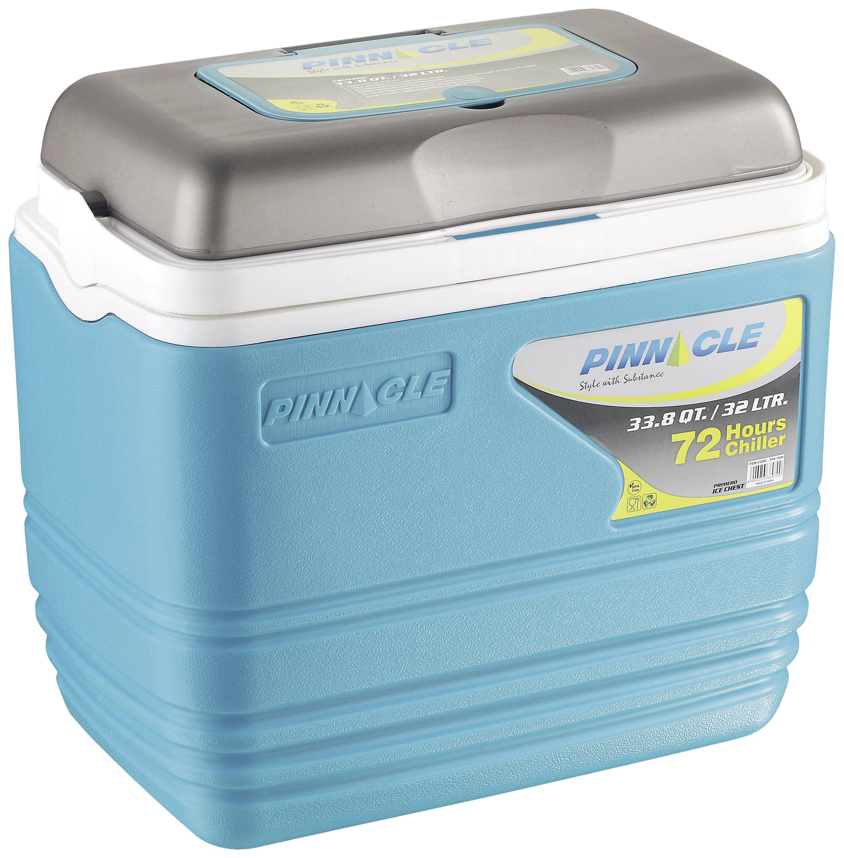 Blue cool box container with a grey lid and label indicating a 32-litre capacity and 72-hour cooling capability.