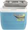A blue and white cool box with a grey lid, 'Pinnacle' brand, 32-litre capacity, keeps contents cool for up to 72 hours.