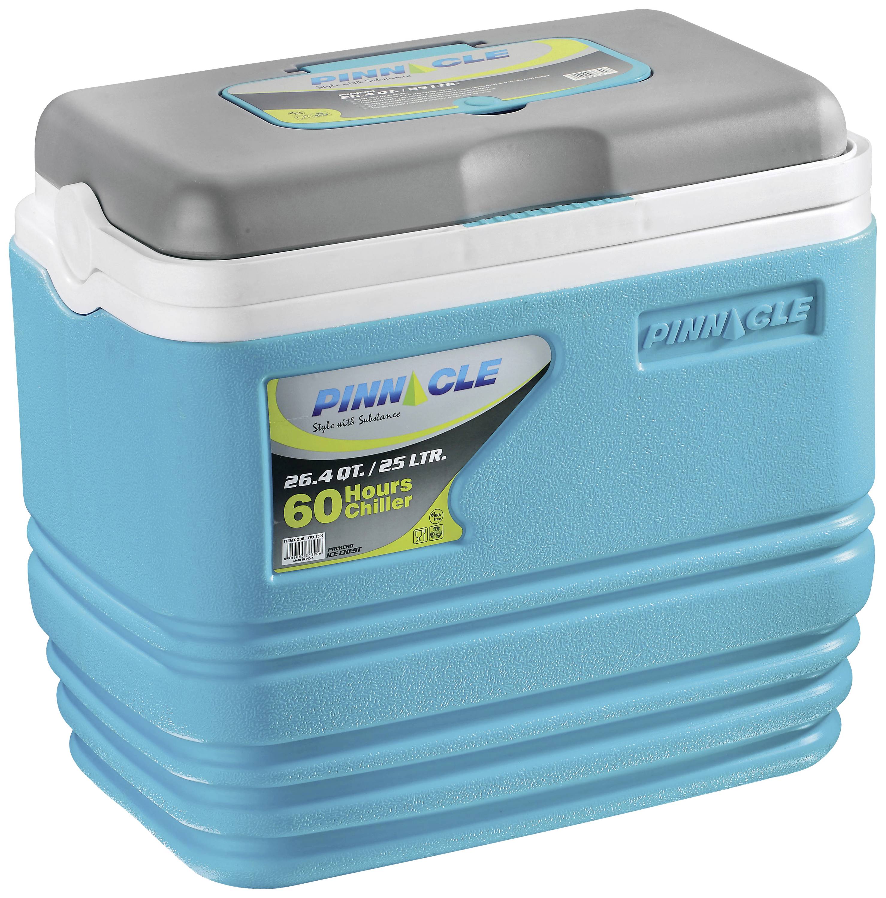 Blue cool box container with grey lid and handles, inscription reading 'Pinnacle 60 Hour Chiller, 26.4 QT/25 LTR'.