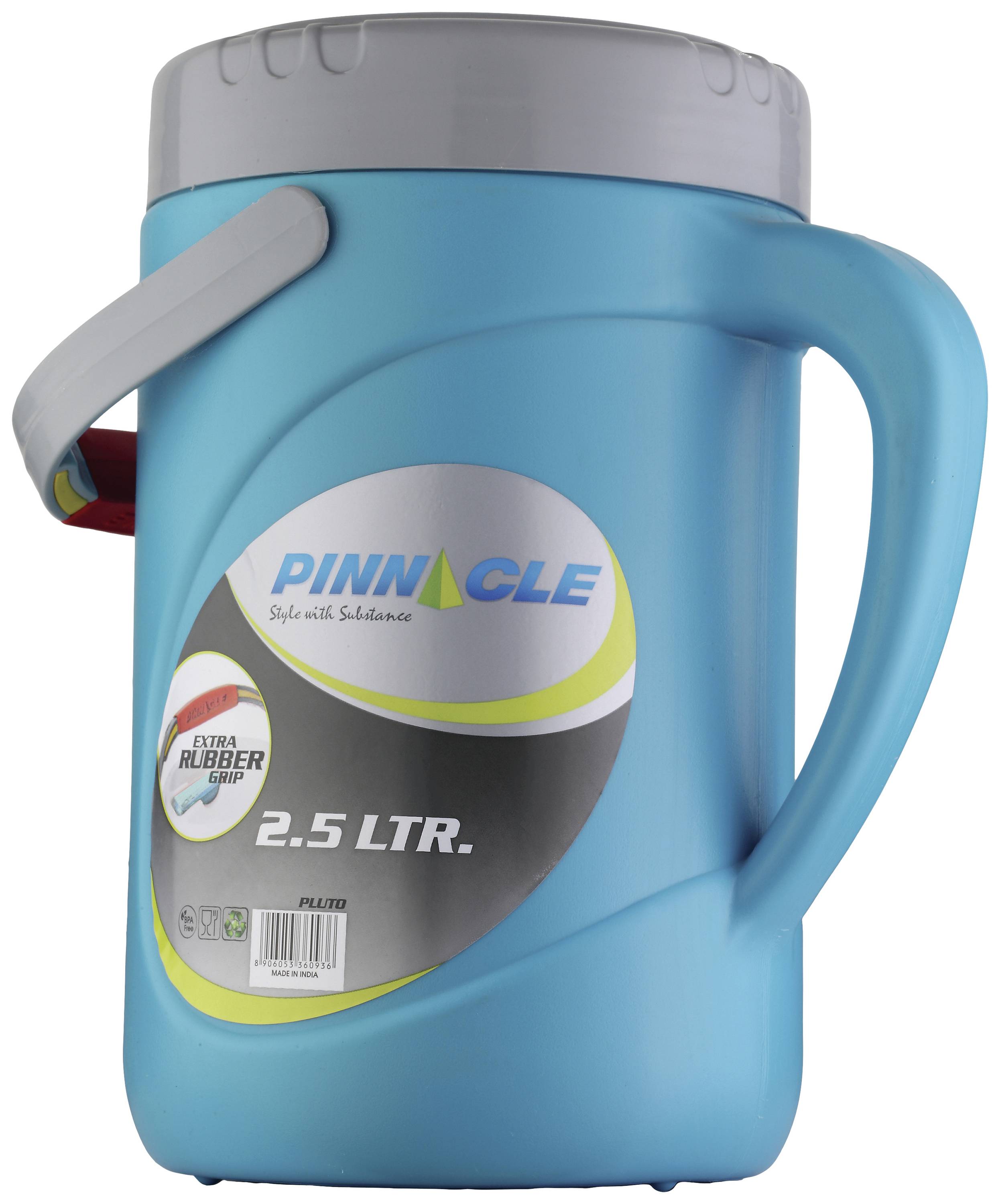 Blue insulated drink jug with grey lid and handle, labelled 'Pinnacle 2.5 LTR'. Suitable for liquid storage.