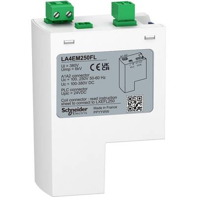 An electronic component with a label 'Schneider Electric'. Technical specifications such as voltage and connection details are indicated.