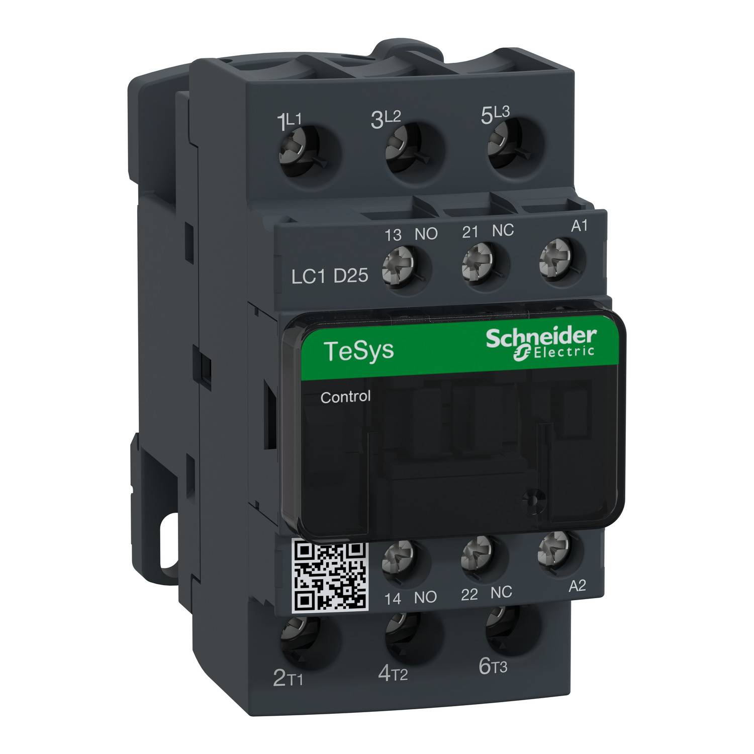 A black Schneider Electric performance switch, 'TeSys' model, with multiple connections and a QR code on the front.
