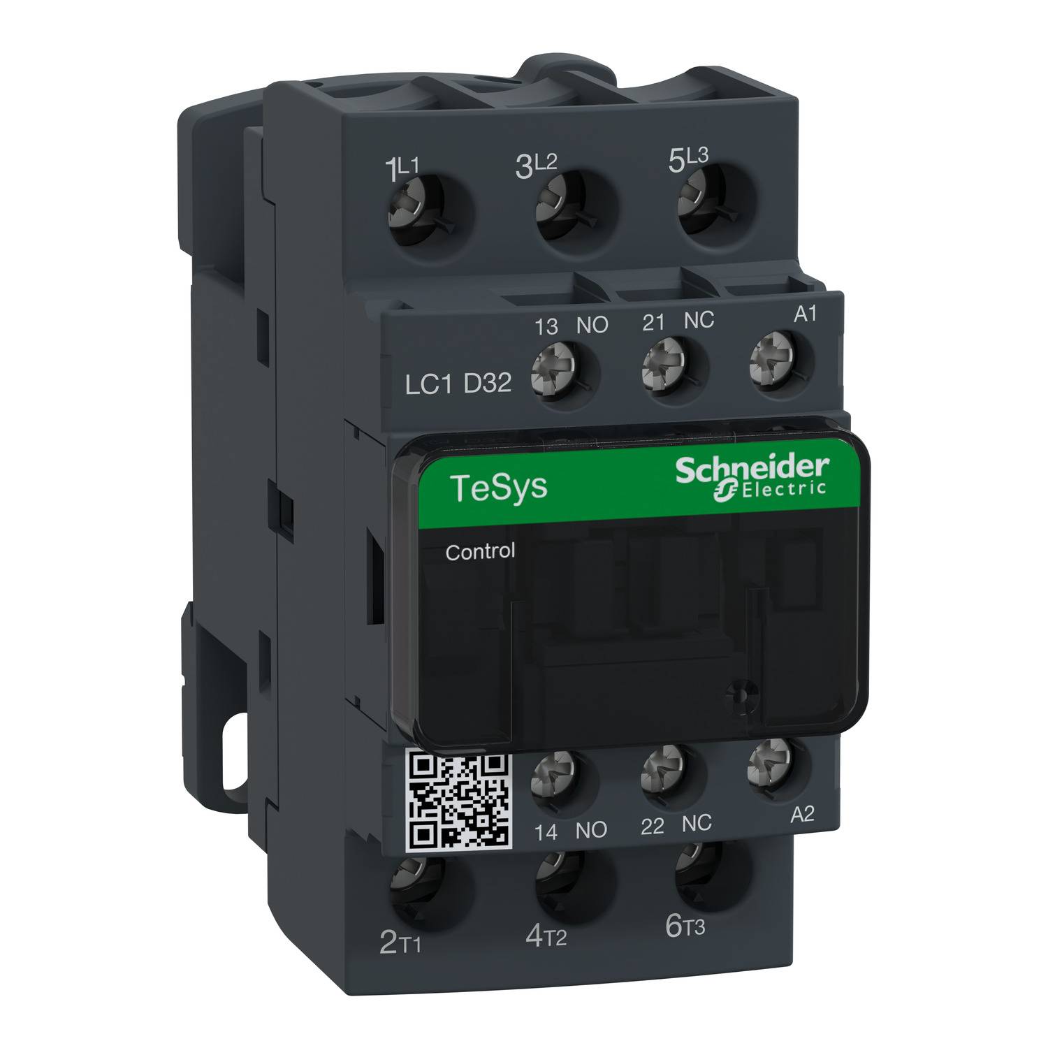A black contactor with green lettering 'TeSys' and 'Schneider Electric', model number 'LC1 D32', for electrical circuits.