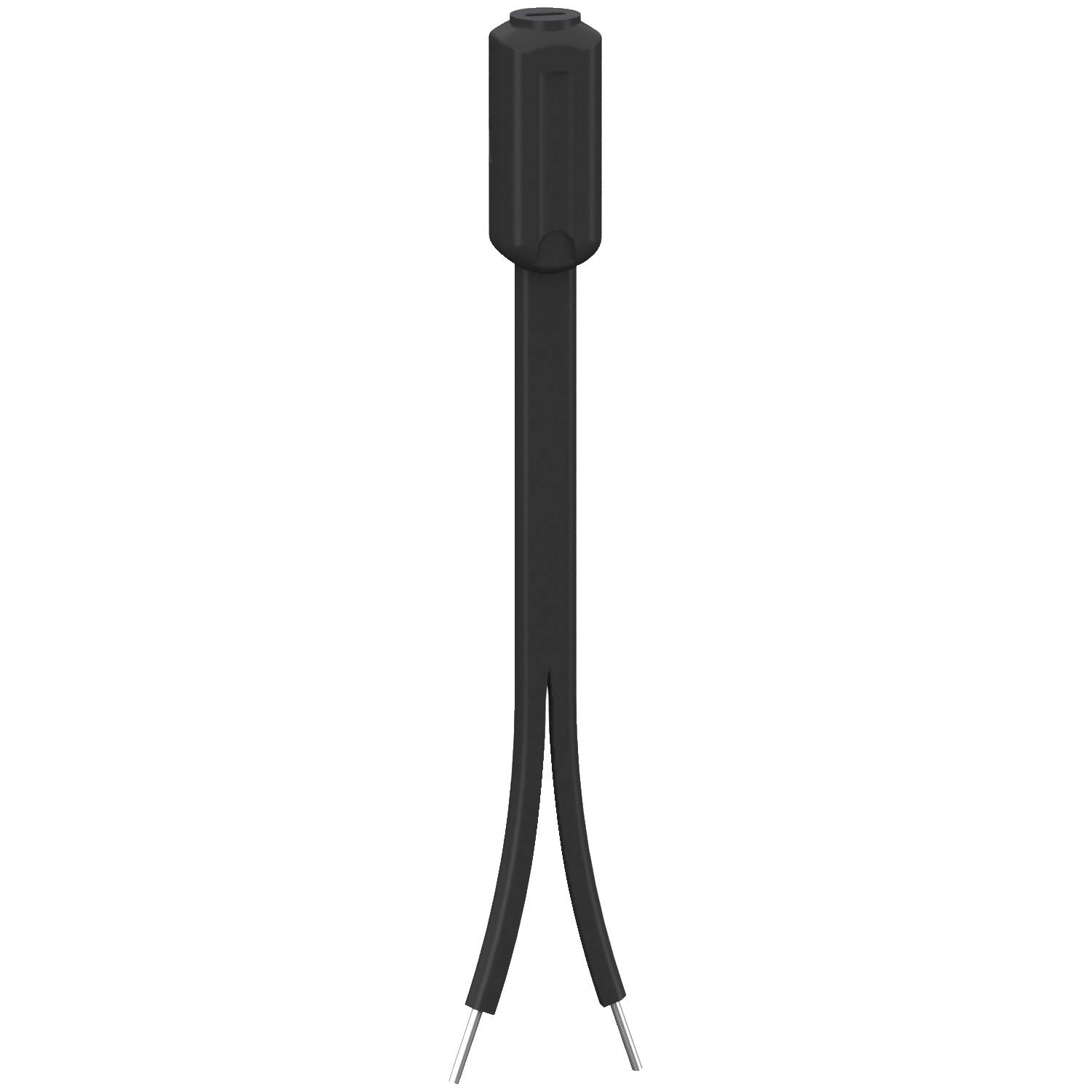 A black wire connector with two emerging cables.