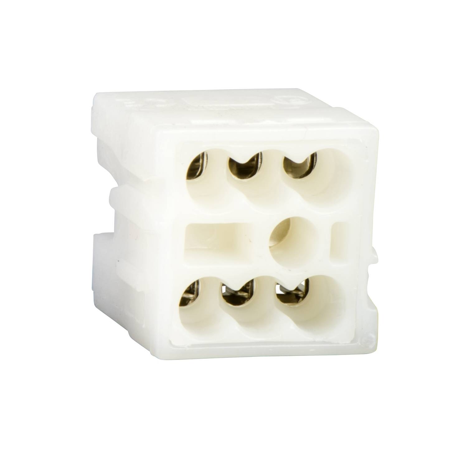 A white electrical connection terminal with four round cable openings, suitable for securely fastening multiple cables.