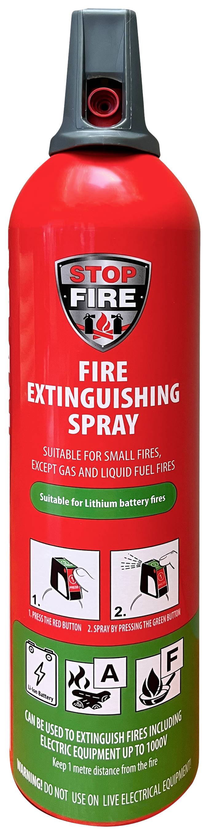 Red Fire Extinguishing Spray for small fires, suitable for solid and lithium battery fires. Warning: Do not use on liquid or gas fires.