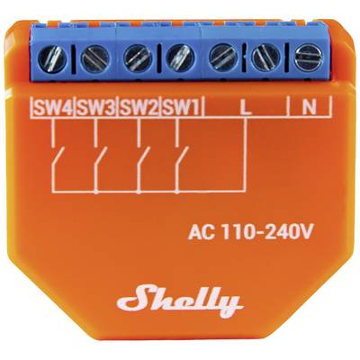 An orange Shelly switch with blue terminals, labelled 'SW1' to 'SW4', 'L', 'N', and 'AC 110-240V'.