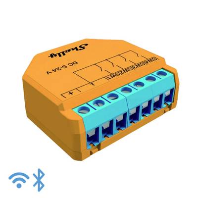 An orange Shelly relay switch with blue connection terminals. Symbols for Wi-Fi and Bluetooth in the bottom left indicate wireless connectivity.