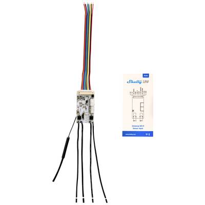 Small electronic module with multiple wires, next to a label with a circuit diagram and inscription 'Shelly UNI'. Primary purpose: sensor input.