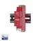 Red Shelly Z-Wave Plus module for DIN rail mounting to control electrical devices. Z-Wave Plus logo bottom left.