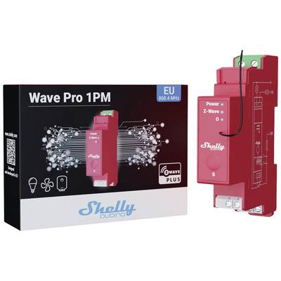 The image depicts the Shelly Wave Pro 1PM, a red smart home module with packaging. It is compatible with Z-Wave Plus and designed for EU 868.4 MHz.