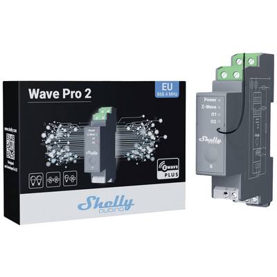 Product image of the Shelly Qubino Wave Pro 2, a Z-Wave Plus smart home switch. Packaging and device with EU logo and frequency information.