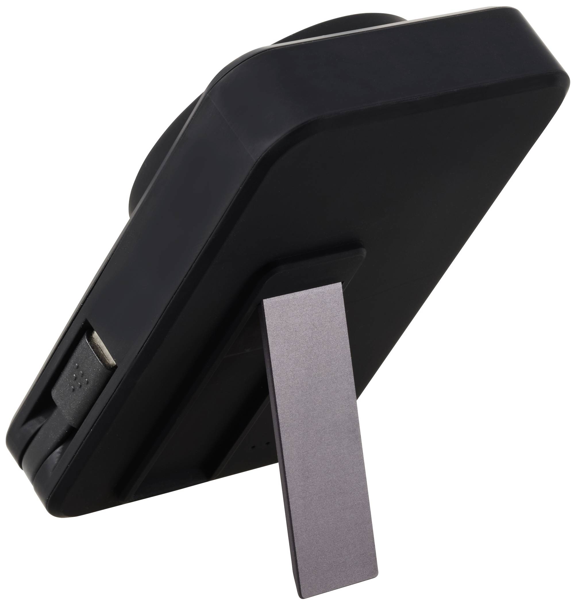 A black digital photo frame stands upright with a foldout stand. It has a USB port on the side.