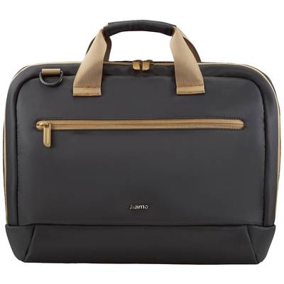 Black laptop bag with brown handles and a front zip pocket, suitable for transporting electronic devices.
