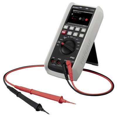 Digital multimeter on a stand with red and black test probes connected, shown on a white background.