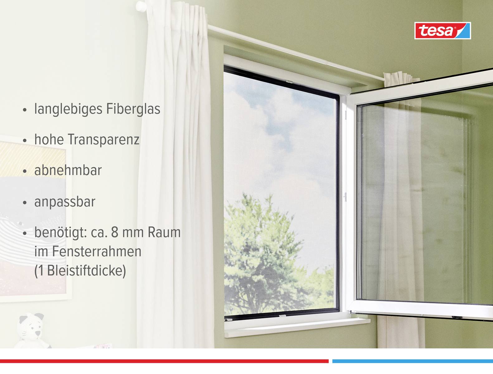 Open window with white frame, view outside to trees. Text: 'long-lasting fibreglass, high transparency, removable, adaptable, requires: approx. 8 mm space in window frame (1 pencil thickness)'.