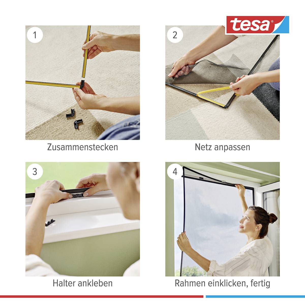 Four steps to install a fly screen: 1. Assemble, 2. Adjust mesh, 3. Stick on holders, 4. Click in frame.