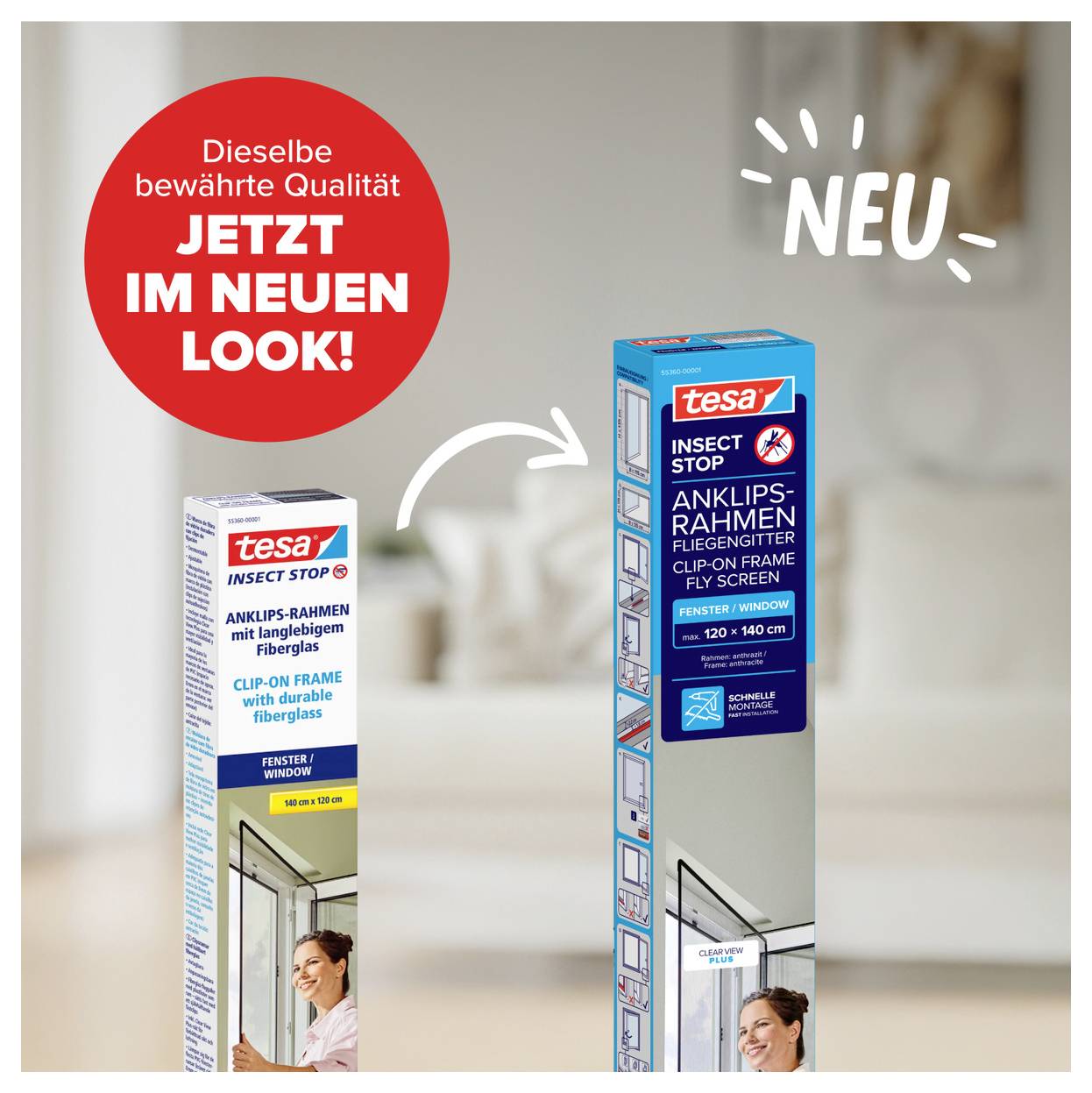 Advertisement showing Tesa insect stop frame fly screen packaging redesign: old box on left, new look box on right, with text 'Jetzt im neuen Look!' and 'Neu'<br>