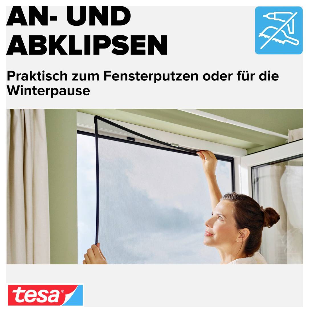 Tesa ad for 'AN- UND ABKLIPSEN' showing a woman attaching a window insect screen; text says it is practical for window cleaning or winter break.