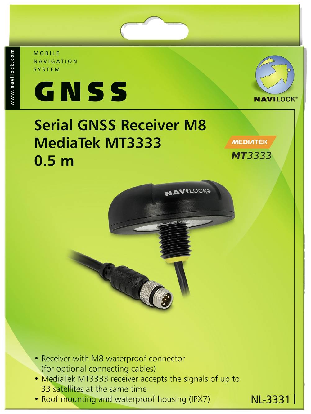 'GNSS Serial Receiver M8 MediaTek MT3333' Packaging with Product Photo and Logos. Features: Waterproof M8 Connector, IPX7 Protection.