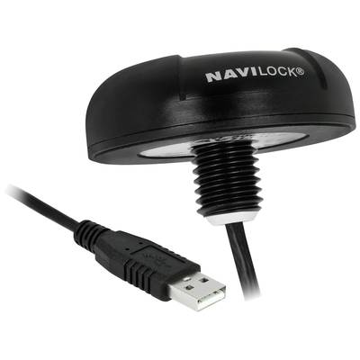 A black GPS receiver with USB port by Navilock, suitable for use in navigation systems and position determination.