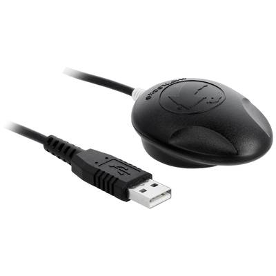 A black GPS receiver with USB port; suitable for location tracking in vehicles or for outdoor activities.