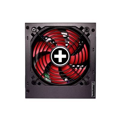Black computer power supply with a red fan and a white cross in the centre of the fan grille.