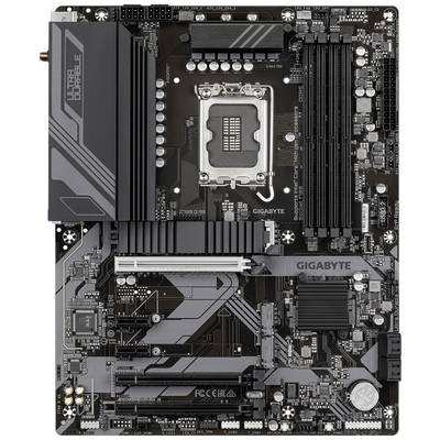 A computer motherboard with multiple RAM slots, a CPU socket in the centre, and various connectors for hardware expansions.