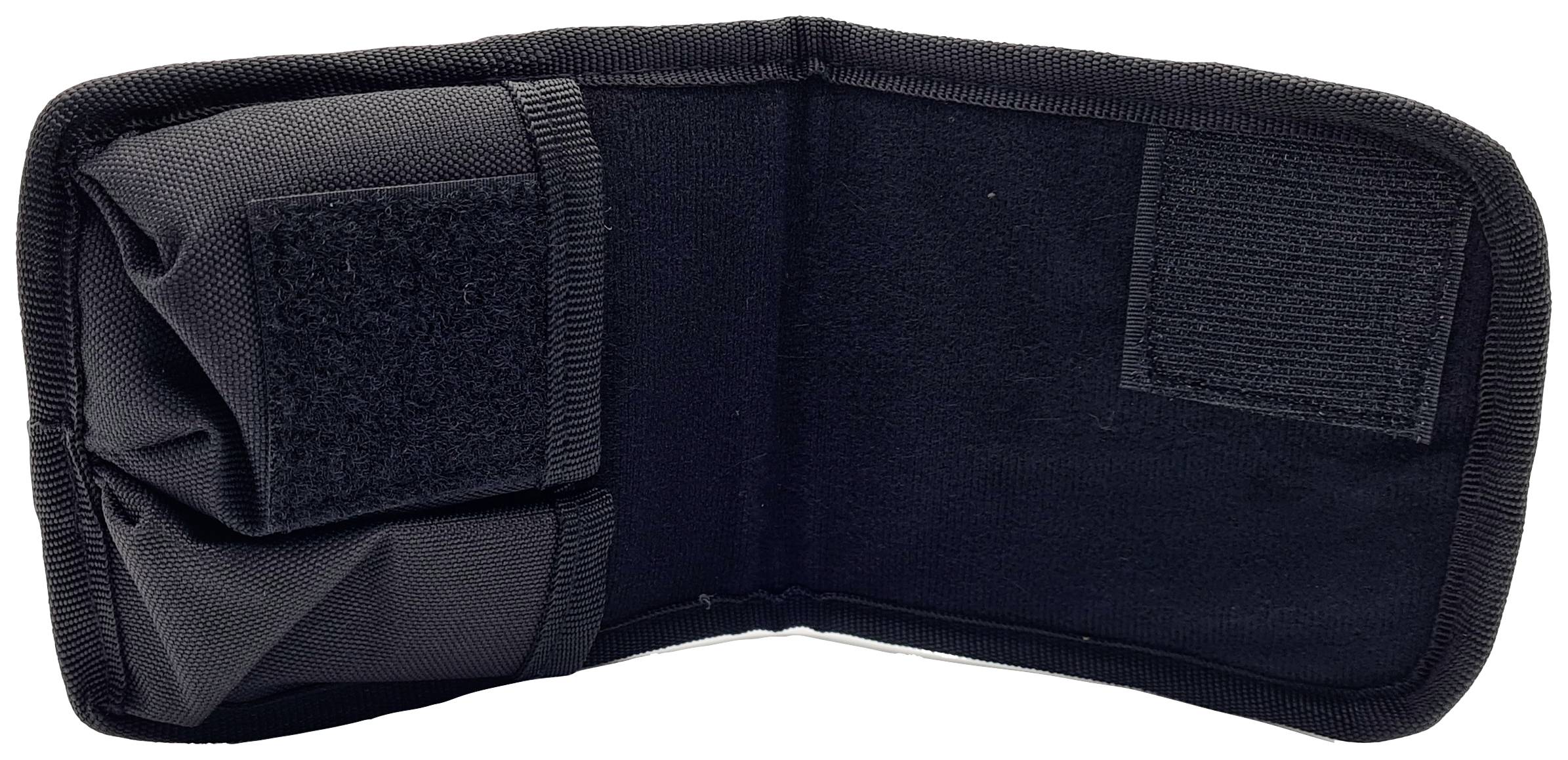 A black, open wallet in a soft leather style with a pocket on the left side and a hook and loop fastener on the right side.