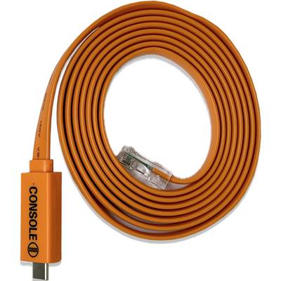 Orange USB to RJ45 console cable, coiled, for connecting technical devices.