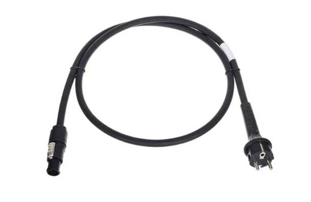 A black power cable with a Schuko plug on one side and a special round plug on the other side.